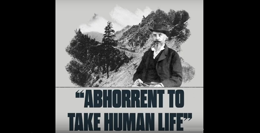 Text: "Abhorrent to take human life"
Image: portrait of Judge Begbie in front of steep mountain pass