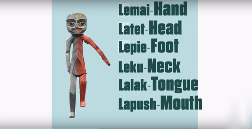 List of Chinook Wawa words from French:
Lemai - hand
Latet - head
Lepie - foot
Leku - neck
Lalak - tongue
Lapush - mouth