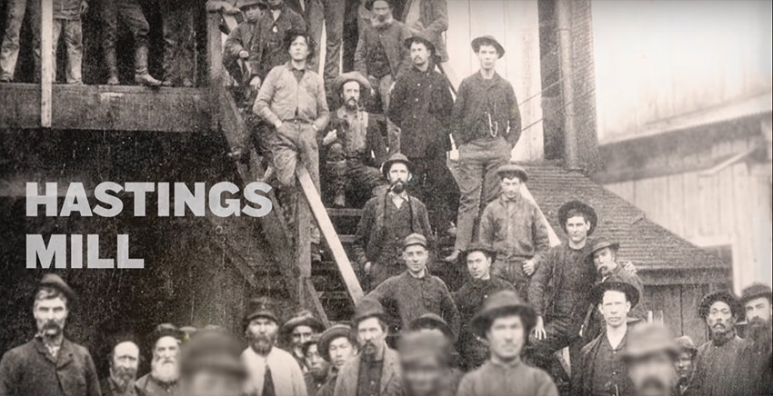 historic picture of First Nations, Chinese, and European workers in front of Vancouver's Hastings Mill