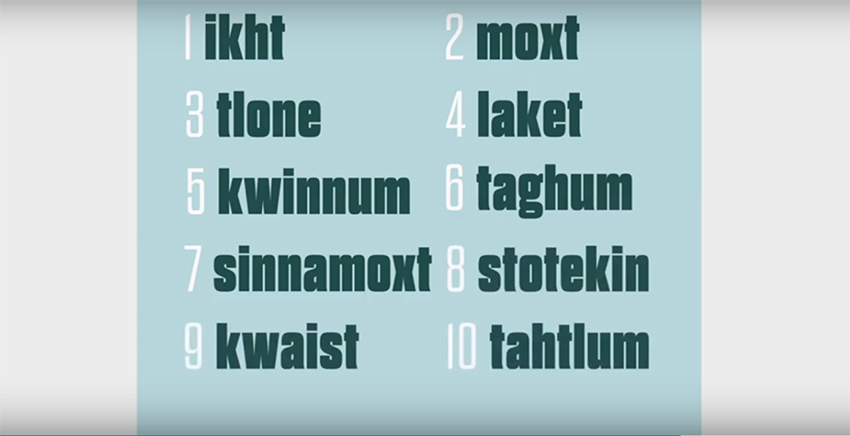 Chinook Wawa words for numbers:
1 ikht
2 moxt
3 tlone
4 laket
5 kwinnum
6 taghum
7 sinnamoxt
8 stotekin
9 kwaist
10 tahtlum