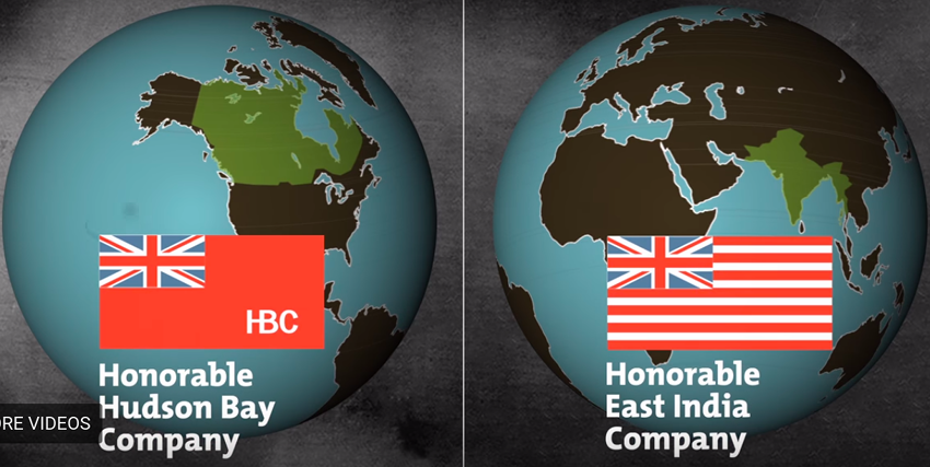 Hudson's Bay Company and East India Company's flags and maps of each area of governance. 